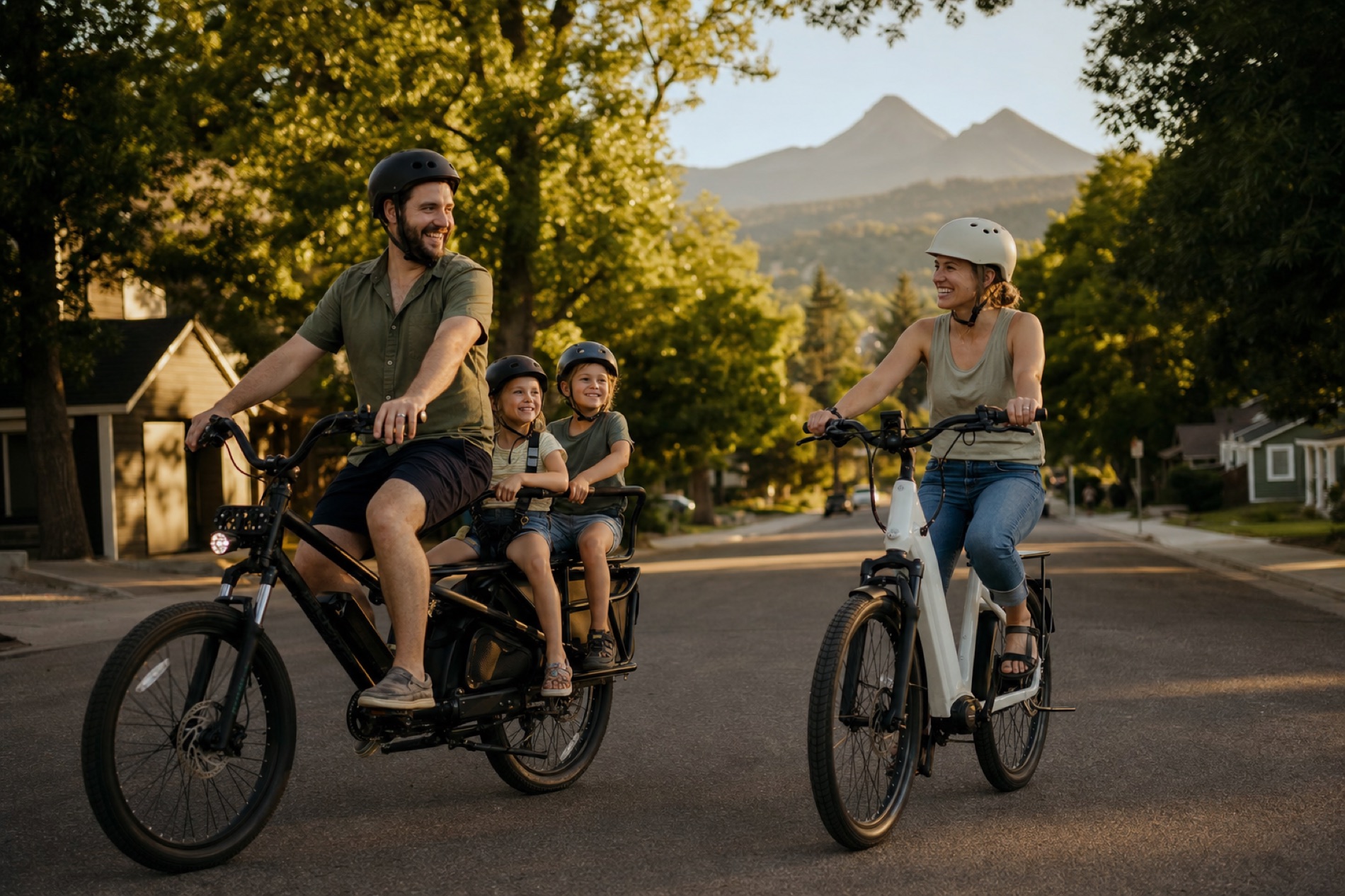 A family riding electric bikes down a tree-lined Longmont street at golden hour, two children on the rear deck of a long-tail cargo bike, with the Twin Peaks visible at the end of the road
